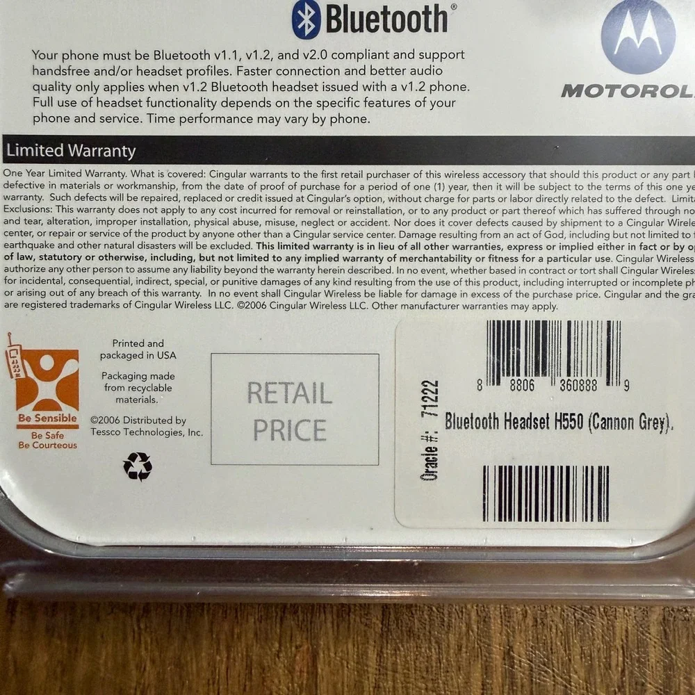 Motorola Wireless Headset Unisex OS Cannon Grey H550 Bluetooth Cingular NIB